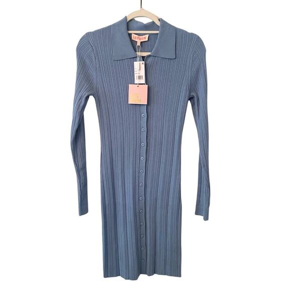 LEYDEN Blue Ribbed Knit Sweater Dress Size M Long Sleeve Collared Button Front - Picture 2 of 9